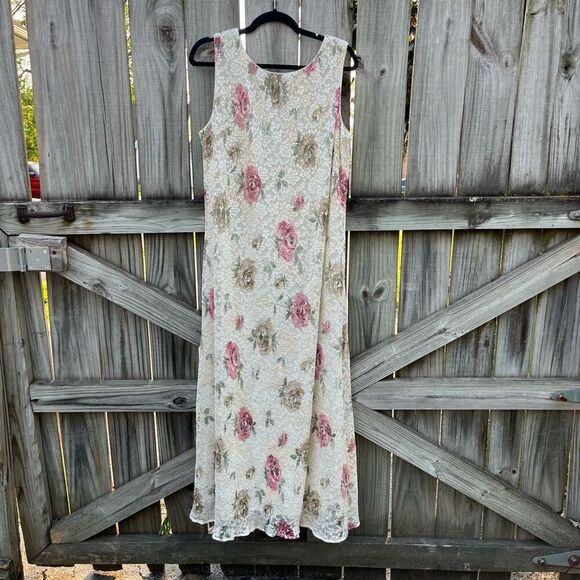Vintage 90s Sheri Martin Floral Lace Mesh Maxi Dress - Picture 1 of 5